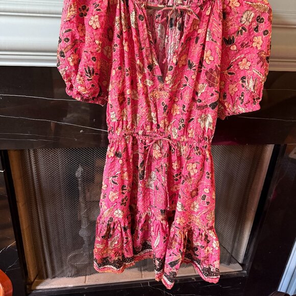 ULLA JOHNSON Puff-Sleeved Tiered Drawstring Mini Dress Hollyhock Size 4 - Picture 7 of 8